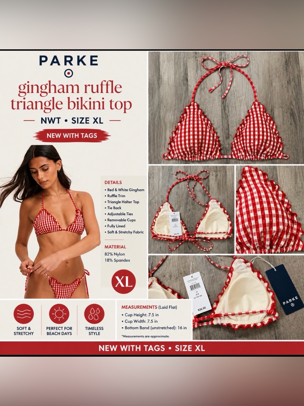 ❤️🤍 Parke Gingham Ruffle Triangle Bikini Top – New With Tags – Size XL